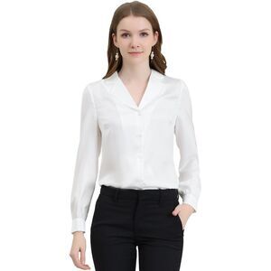 Women's Collar Blouse Long Sleeve Satin Button Down Shirt White